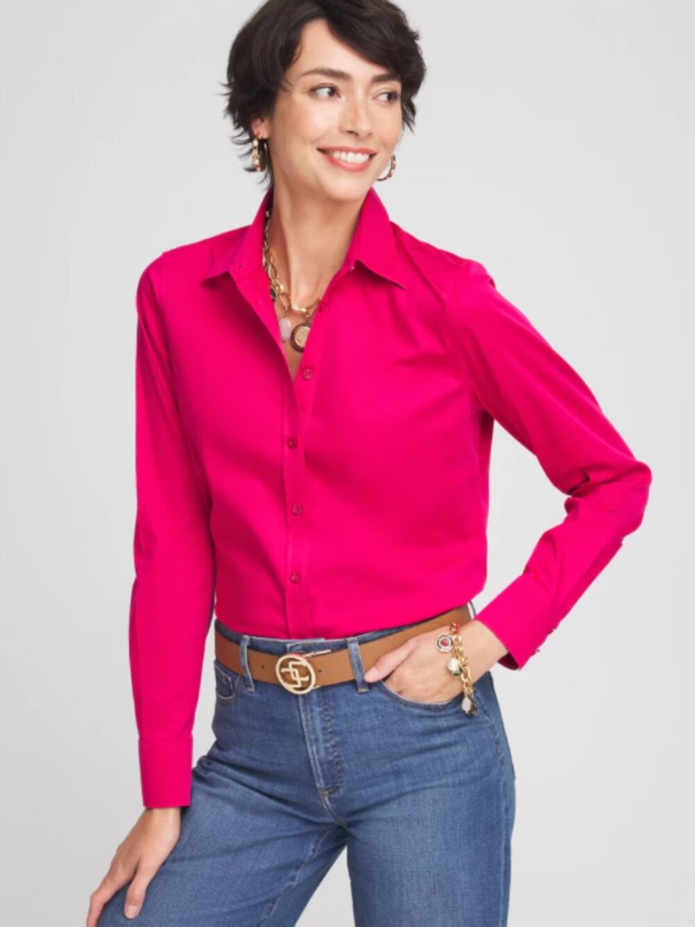 Chico's No-Iron 100% Cotton Raspberry Pink Button-Down Long Sleeve Blouse L